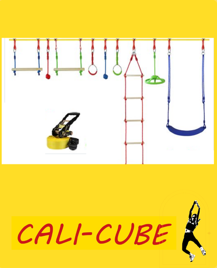 CC-ZK-A6366 Cali-Cube Ninja-Spaß Set für Kinder Spaß im Garten mit Slackline Seilknoten Ringen Holzstab Leiter