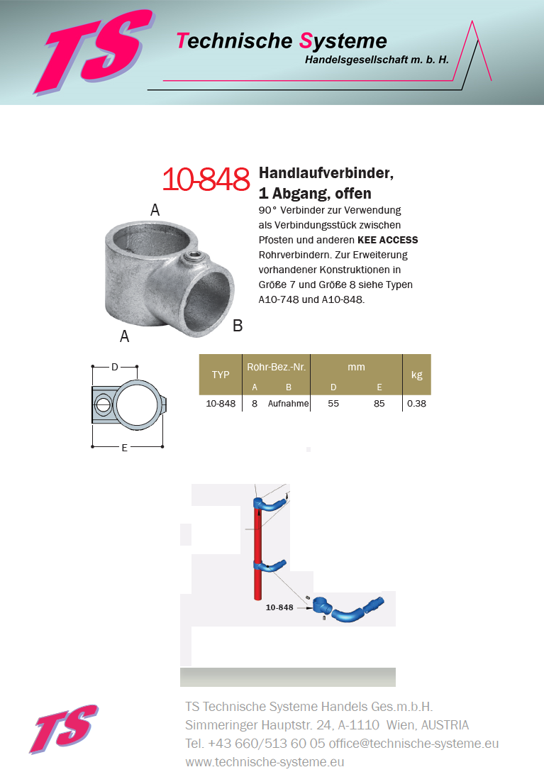 KK10-848 Kee Klamp Rohrverbinder Typ 10 Größe 848 Handlauf-Verbinder ID 48.3mm