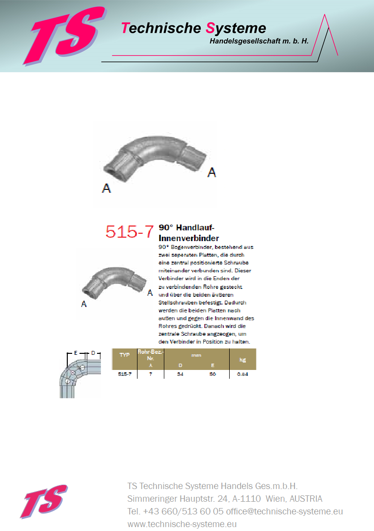 KK515-7 Kee Access Rohrverbinder Typ 515 Größe 7 Handlauf-InnenVerbinder 90° ID 42.4mm