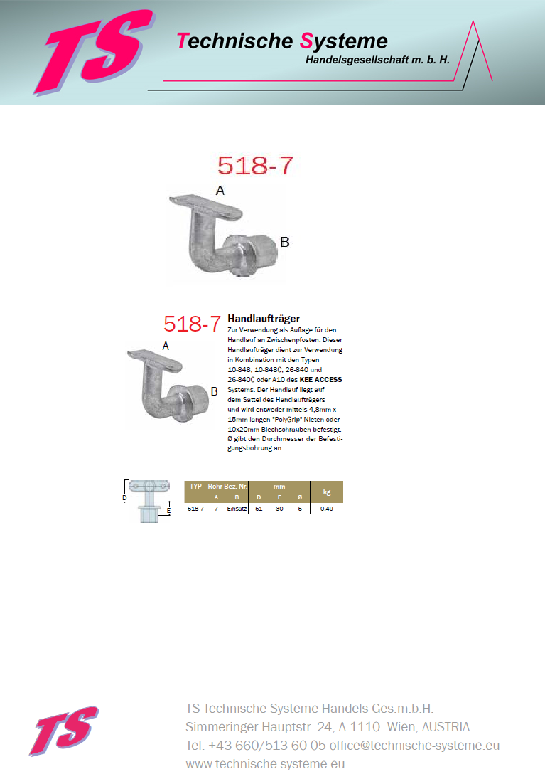 KK518-7 Kee Klamp Rohrverbinder Typ 518 Größe 7 Handlauf-InnenVerbinder ID 42.4mm