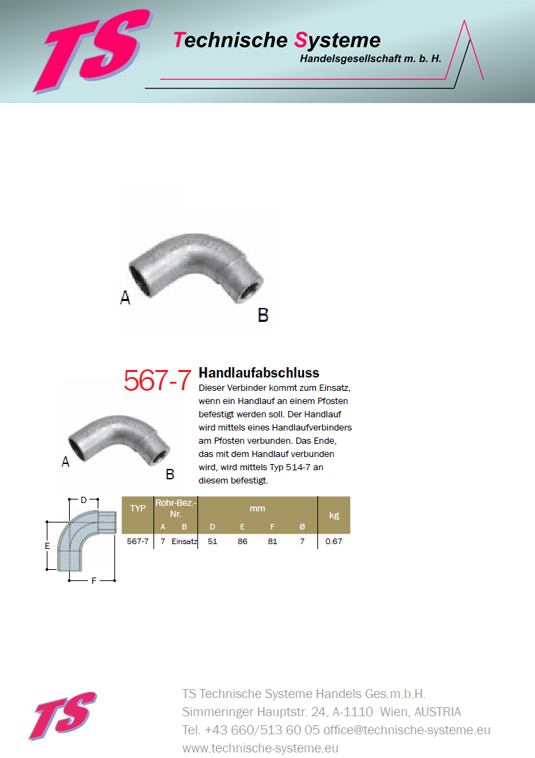 KK567-7 Kee Klamp Rohrverbinder Typ 567 Größe 7 Handlauf-Abschluss ID 42.4mm