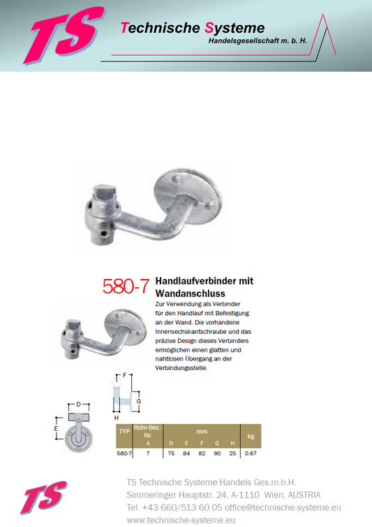 KK580-7 Kee Klamp Rohrverbinder Typ 580 Größe 7 Handlauf-Verbinder+Wandanschuss ID 42.4mm