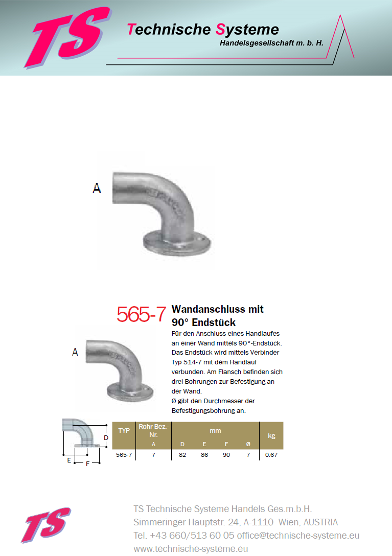 KK565-7 Kee Klamp Rohrverbinder Typ 565 Größe 7 Handlauf-Wandanschl+Eck ID 42.4mm