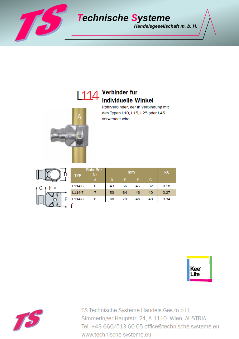 KL114-6 Kee Lite Rohrverbinder Typ 114 Größe 6 Verbinder für individuellen Winkel Aluminium 33,7mm