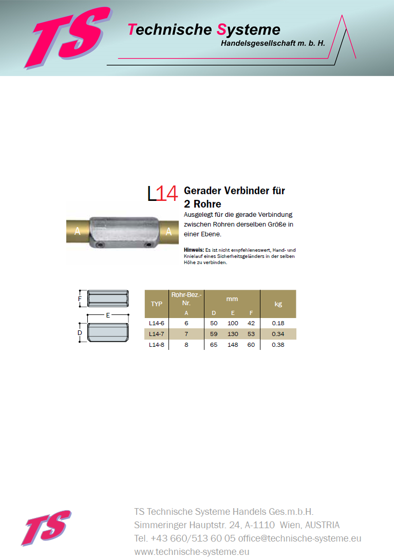 KL14-7 Kee Lite Rohrverbinder Typ 14 Größe 7 T-Verbinder aus Aluminium ID 42,4 mm