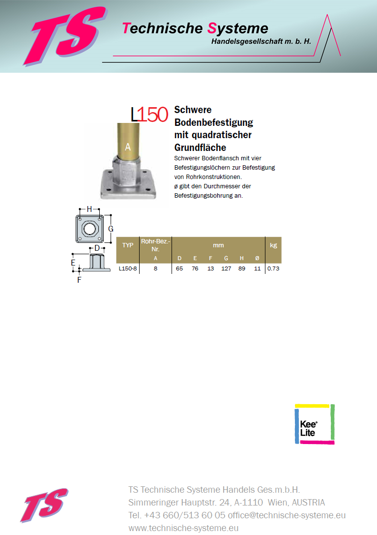 KL150-8 Kee Lite Rohrverbinder Typ 150 Größe 8 schwerer Bodenflansch mit quadratischer Grundfläche aus Aluminium ID 48,3 mm