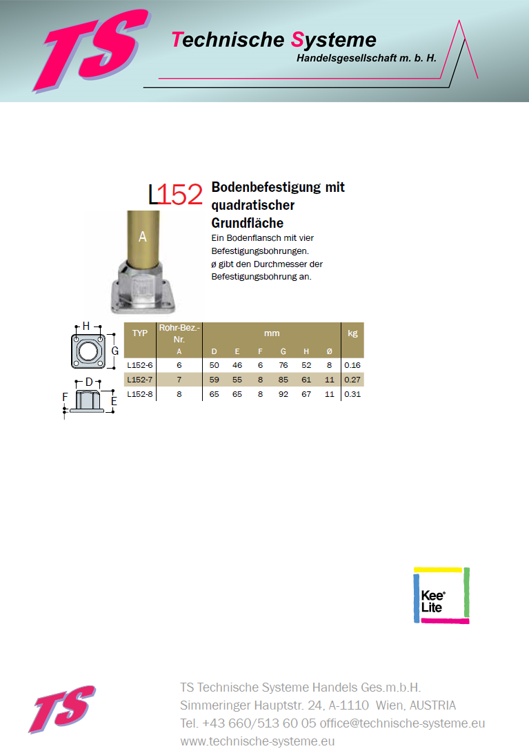 KL152-6 Kee Lite Rohrverbinder Typ 152 Größe 6 Bodenflansch mit quadratischer Grundfläche aus Aluminium ID 33,7 mm