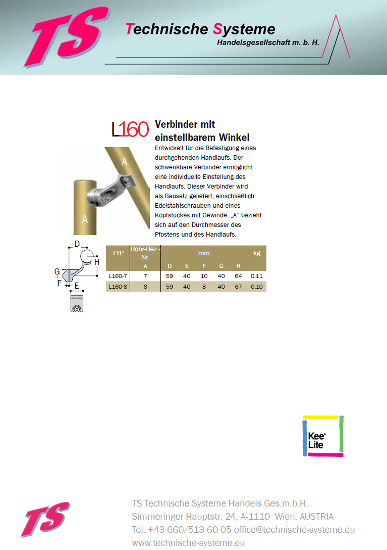 KL160-7 Kee Lite Rohrverbinder Typ 160 Größe 7 Verbinder mit einstellbarem Winkel aus Aluminium ID 42,4mm
