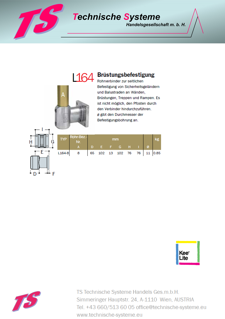 KL164-8 Kee Lite Rohrverbinder Typ 164 Größe 8 Brüstungsflansch Aluminium ID 48,3mm
