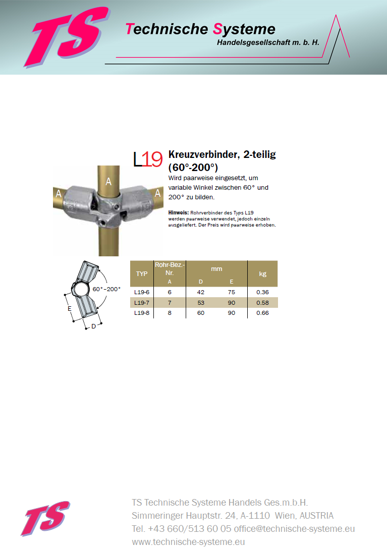 KL19-7 Kee Lite Rohrverbinder Typ 19 Größe 7 Winkel-Verbinder 60°-200° aus Aluminium ID 42,4 mm