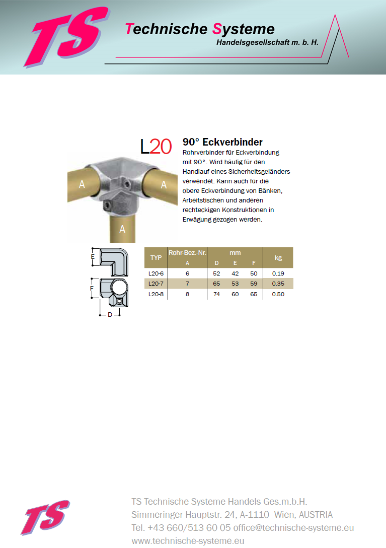KL20-6 Kee Lite Rohrverbinder Typ 20 Größe 6 Eck-Verbinder aus Aluminium ID 33,7 mm