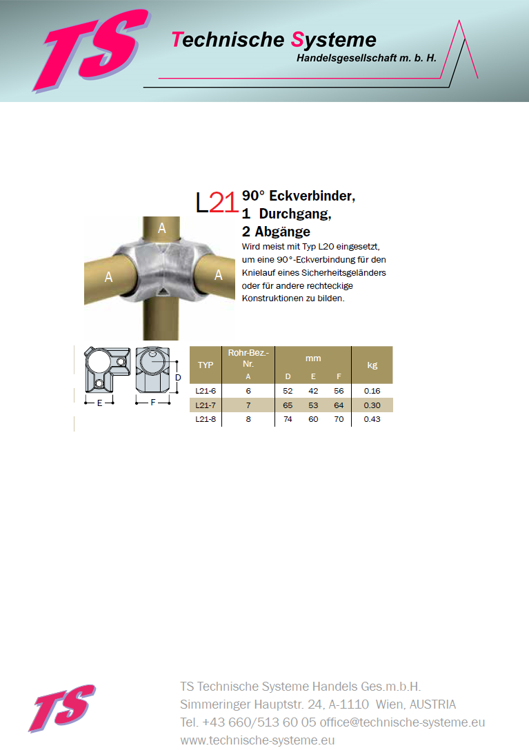 KL21-6 Kee Lite Rohrverbinder Typ 21 Größe 6 Eck-Verbinder aus Aluminium ID 33,7 mm