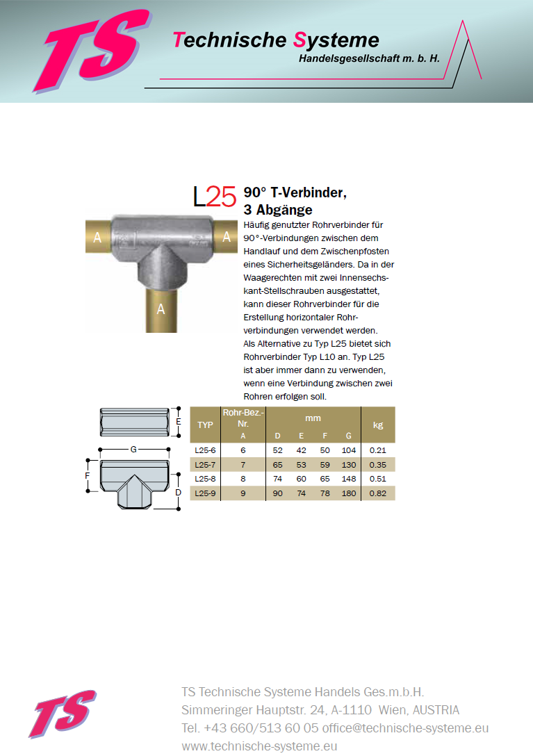 KL25-7 Kee Lite Rohrverbinder Typ 25 Größe 7 T-Verbinder aus Aluminium ID 42,4 mm