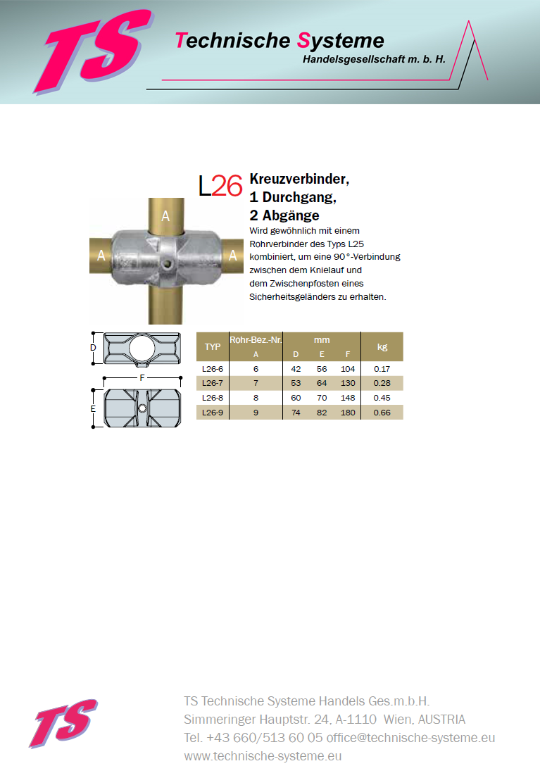 KL26-8 Kee Lite Rohrverbinder Typ 26 Größe 8 Kreuz-Verbinder aus Aluminium ID 48,3 mm