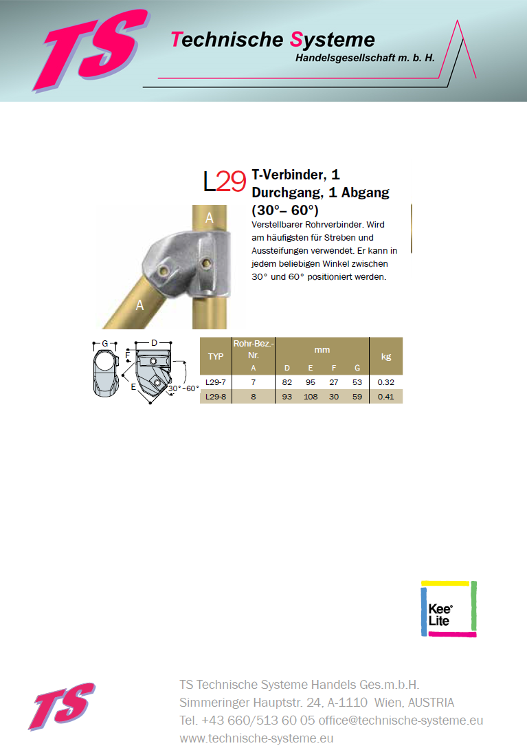 KL29-7 Kee Lite Rohrverbinder Typ 29 Größe 7 Verbinder 30°-60° aus Aluminium ID 42,4 mm