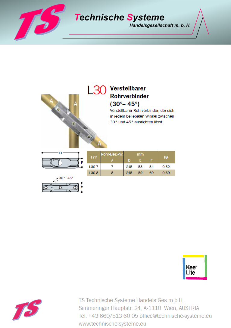 KL30-7 Kee Lite Rohrverbinder Typ 30 Größe 7 Kreuzverbinder 30°-45° aus Aluminium ID 42,4 mm
