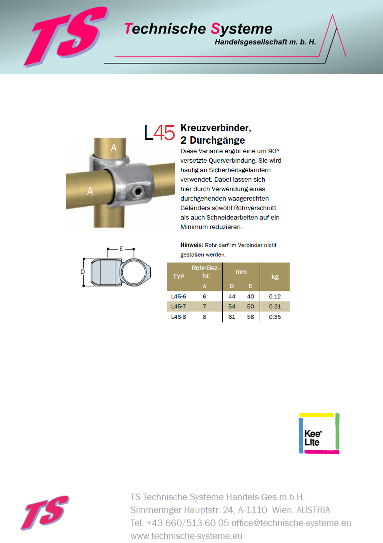 KL45-7 Kee Lite Rohrverbinder Typ 45 Größe 7 Kreuzverbinder aus Aluminium ID 42.4mm