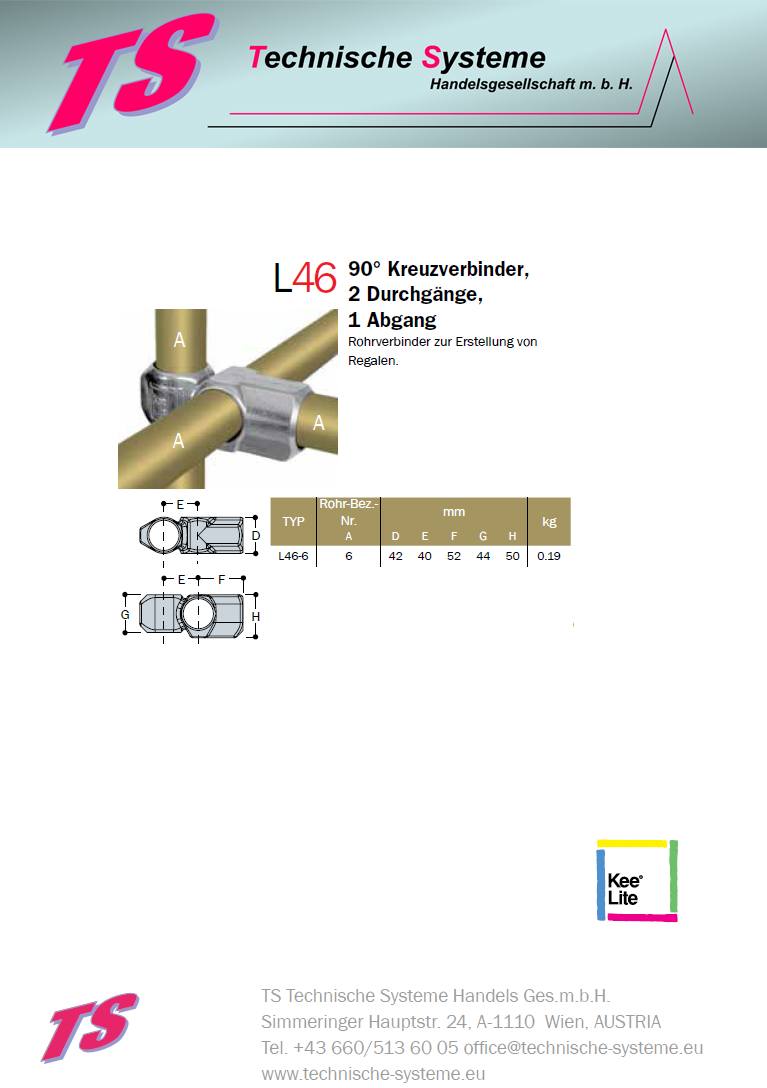 KL46-6 Kee Lite Rohrverbinder Typ 46 Größe 6 Kreuzverbinder aus Aluminium ID 33,7mm