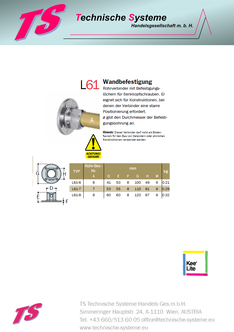KL61-8 Kee Lite Rohrverbinder Typ 61 Größe 8 Wandverbinder aus Aluminium 48,3mm