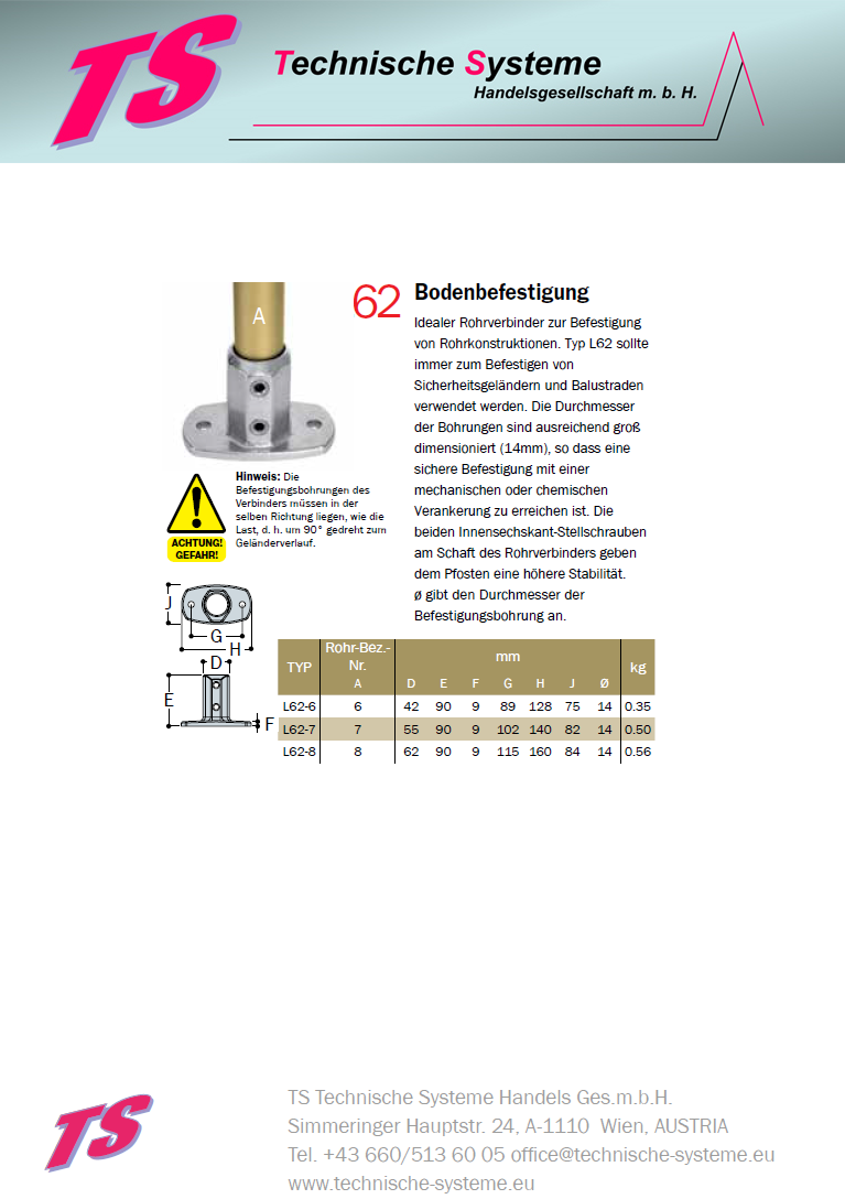 KL62-7 Kee Lite Rohrverbinder Typ 62 Größe 7 Bodenflansch aus Aluminium ID 42,4 mm
