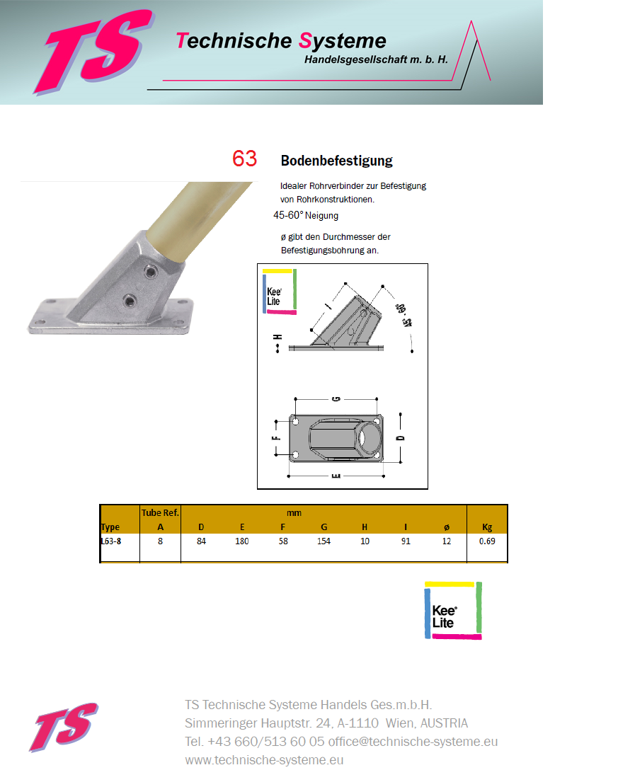 KL63-8 Kee Lite Rohrverbinder Typ 63 Größe 8 Bodenflansch 45-60° Aluminium ID 48,3mm