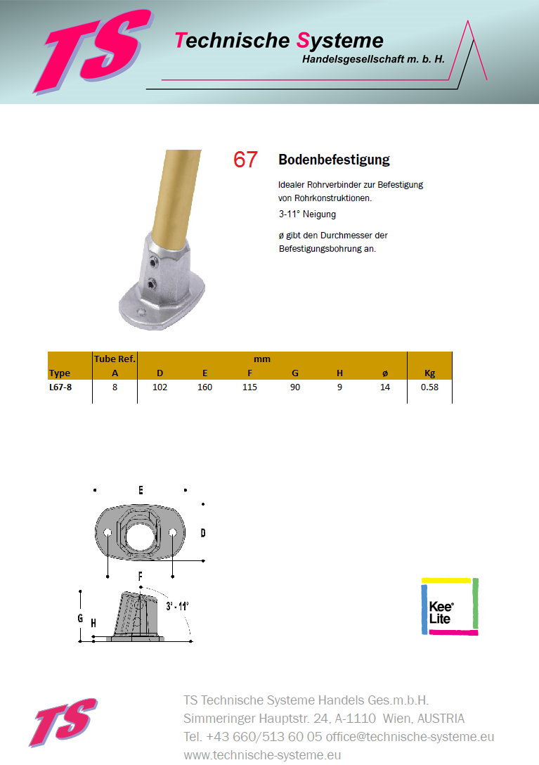 KL67-8 Kee Lite Rohrverbinder Typ 67 Größe 8 Bodenflansch 3-11° Aluminium ID 48,3mm