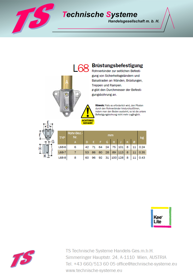 KL68-6 Kee Lite Rohrverbinder Typ 68 Größe 6 Brüstungsflansch aus Aluminium ID 33,7mm