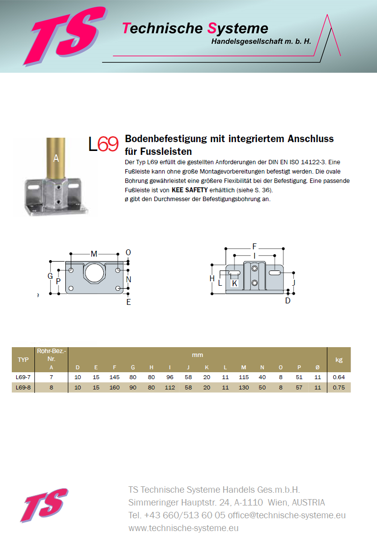 KL69-8 Kee Lite Rohrverbinder Typ 69 Größe 8 Bodenflansch mit Fußleiste aus Aluminium ID 48,3 mm