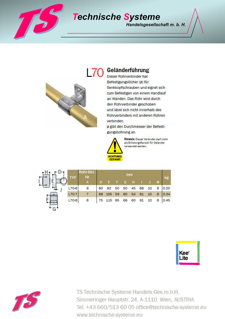 KL70-6 Kee Lite Rohrverbinder Typ 70 Größe 6 Geländerführung aus Aluminium ID 33,7mm
