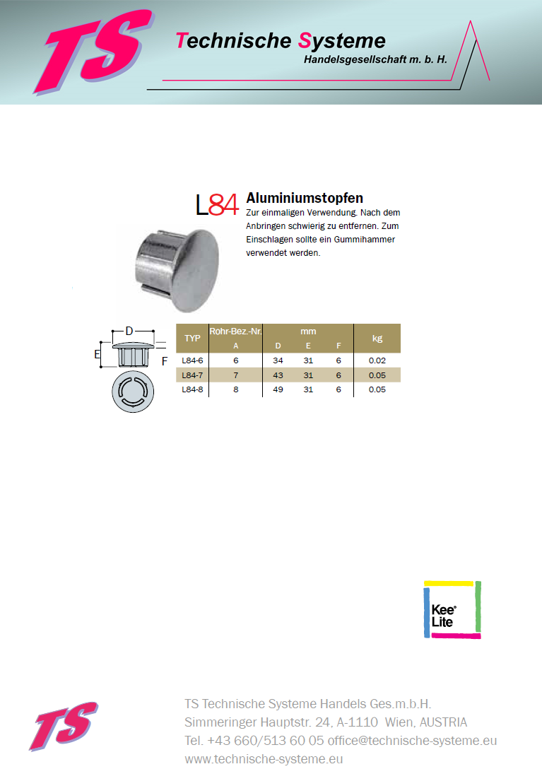 KL84-6 Kee Lite Rohrverbinder Typ 84 Größe 6 Aluminiumstopfen für Rohr 33,7mm