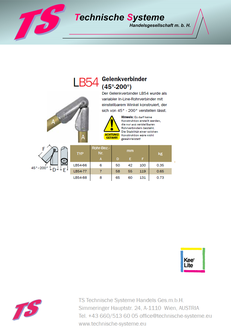 KLB54-6 Kee Lite Rohrverbinder Typ B54 Größe 6 Gelenkverbinder 45°-200° aus Aluminium ID 33,7mm
