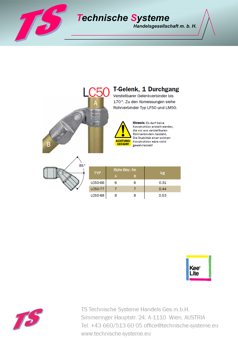 KLC50-6 Kee Lite Rohrverbinder Typ C50 Größe 6 Schwenkverbinder aus Aluminium ID 33,7mm