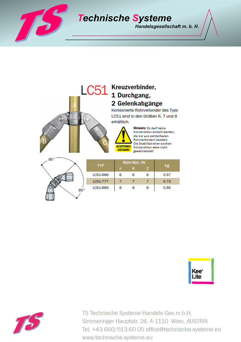 KLC51-8 Kee Lite Rohrverbinder Typ C51 Größe 8 Kreuzverbinder schwenkbar aus Aluminium ID 48,3mm