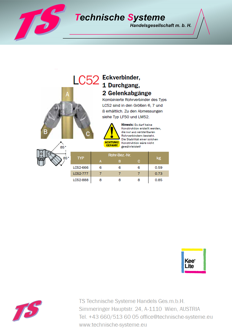 KLC52-6 Kee Lite Rohrverbinder Typ C52 Größe 6 Schwenkverbinder aus Aluminium ID 33,7mm
