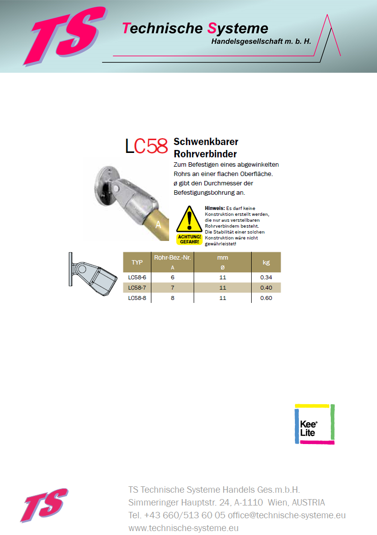 KLC58-6 Kee Lite Rohrverbinder Typ C58 Größe 6 Schwenkverbinder aus Aluminium ID 33,7mm