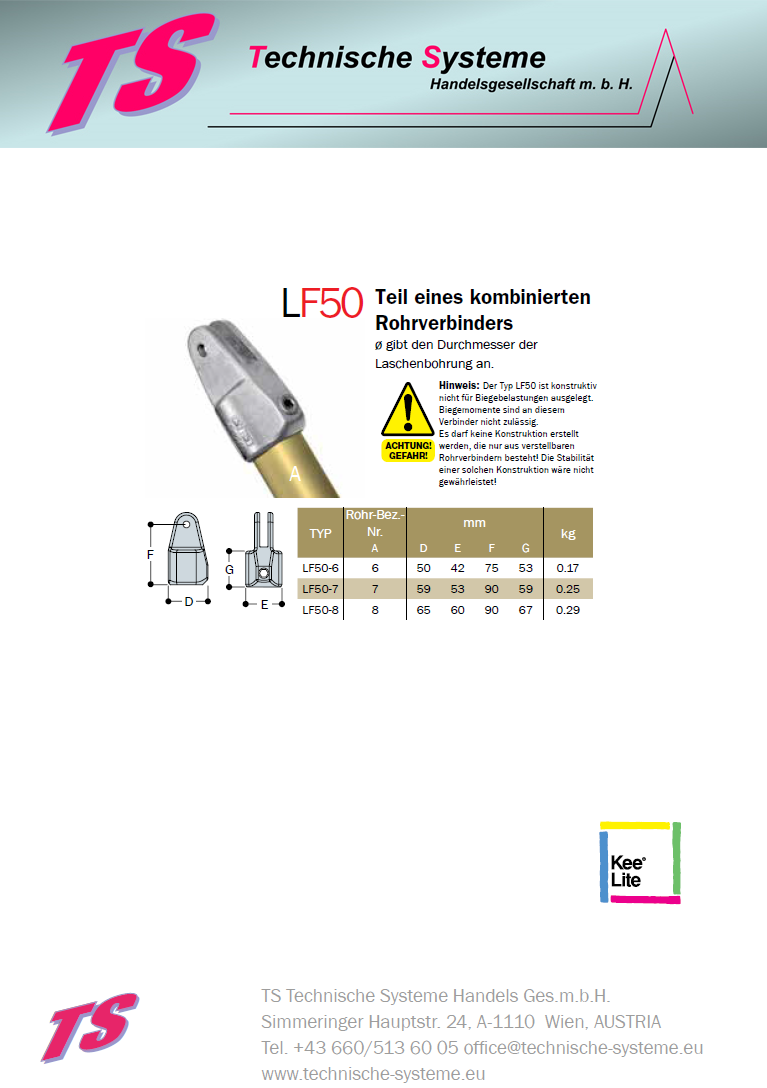 KLF50-6 Kee Lite Rohrverbinder Typ F50 Größe 6 Verbinder female aus Aluminium ID 33,7mm