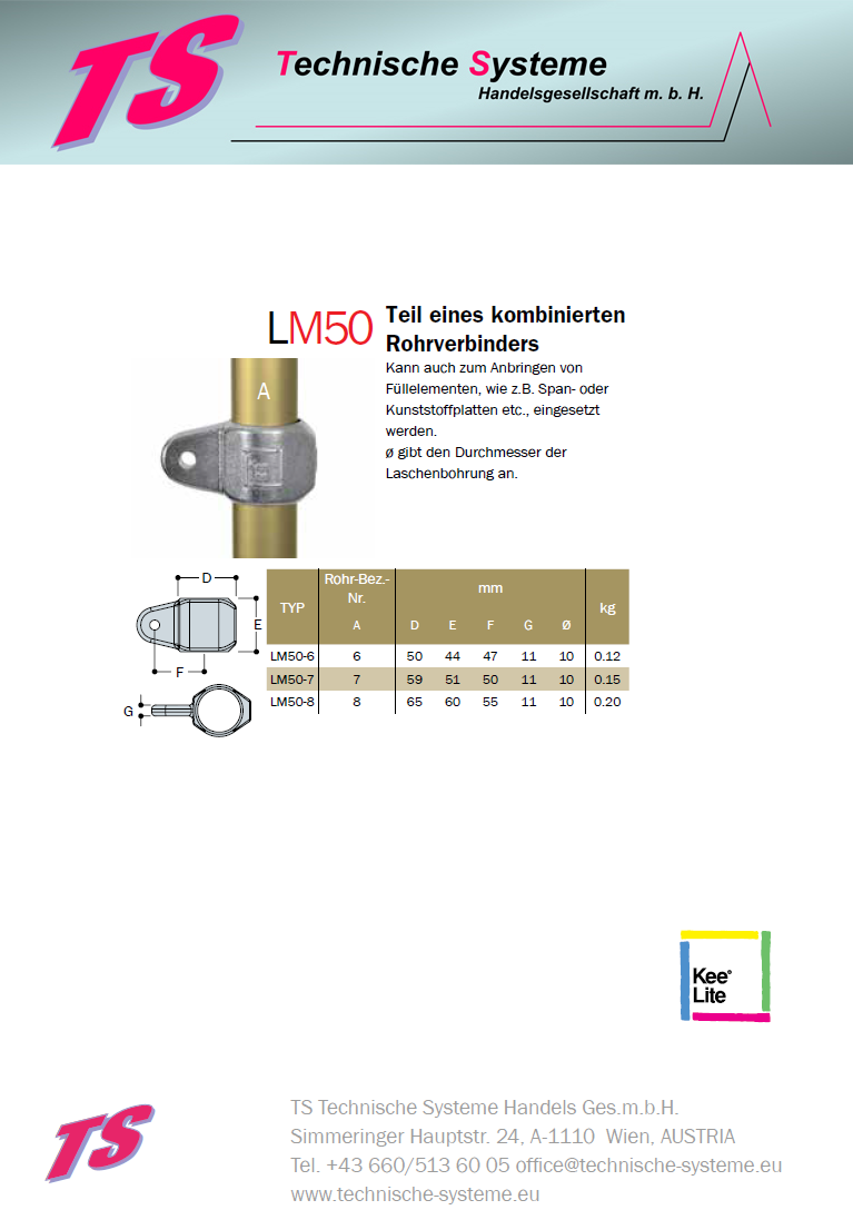 KLM50-6 Kee Lite Rohrverbinder Typ M50 Größe 6 Verbinder male aus Aluminium ID 33.7mm