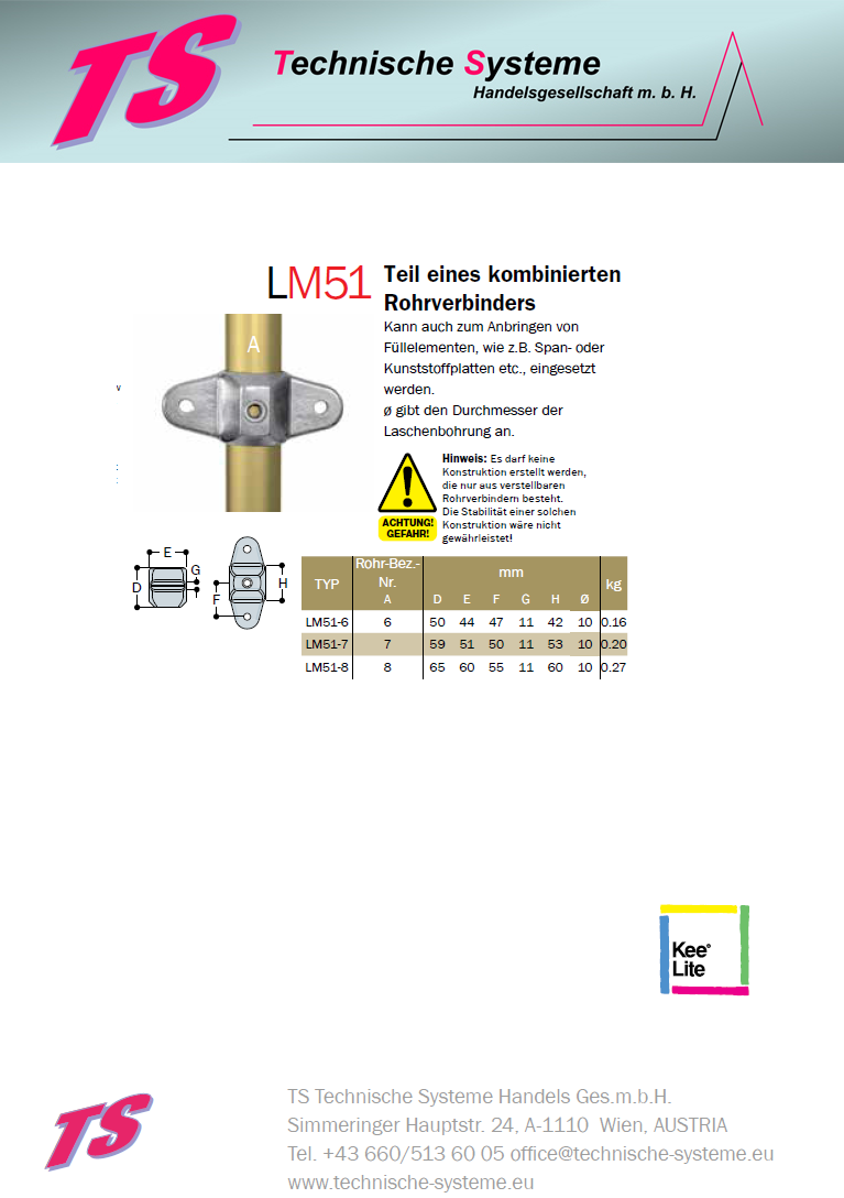 KLM51-6 Kee Lite Rohrverbinder Typ M51 Größe 6 Verbinder male aus Aluminium ID 33.7mm