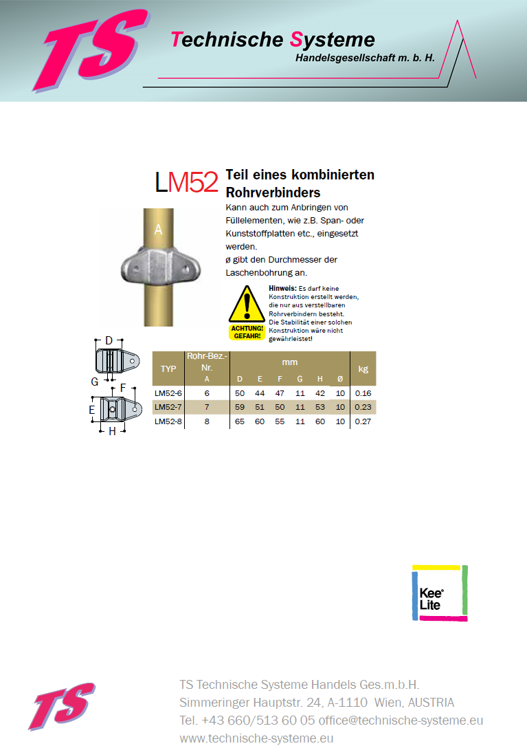KLM52-6 Kee Lite Rohrverbinder Typ M52 Größe 6 Verbinder male aus Aluminium ID 33,7mm