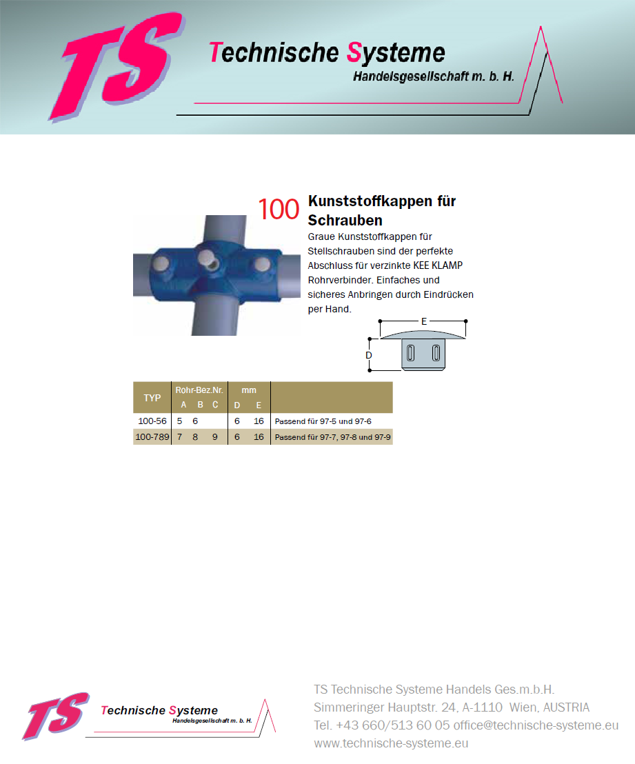 KK100-56 Kee Klamp Rohrverbinder-Zubehör Typ 100 Größe 5 und 6 Plastikkappen f. Stellschrauben 5+6