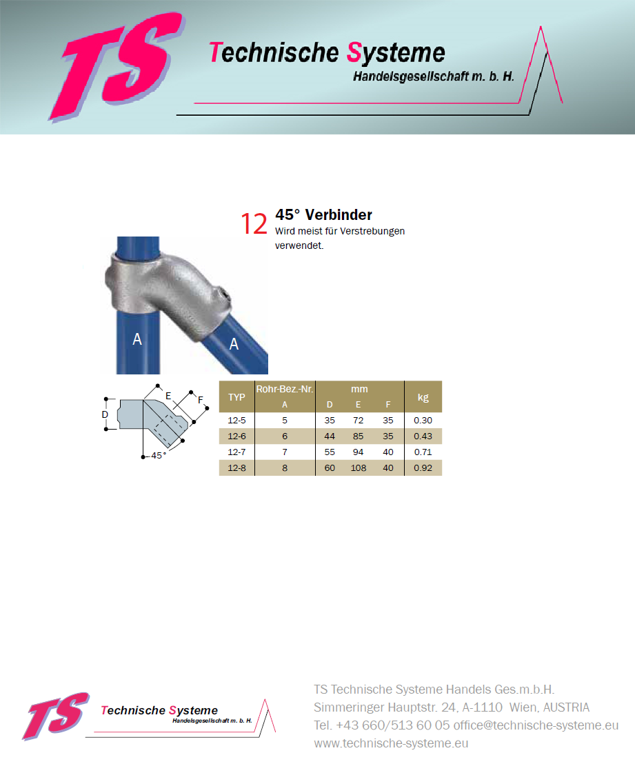 KK12-6 Kee Klamp Rohrverbinder Typ 12 Größe 6 Verbinder 45° verzinkt ID 33.7mm