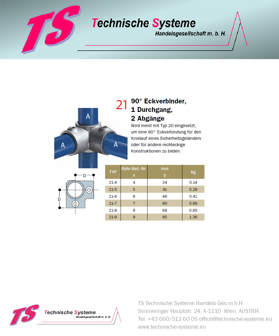 FFHKECKRE7 System FixFox Variante Kee Klamp mit Horizontalrohr Ecke mit rechter Verlängerung Rohrdurchmesser 42,4mm