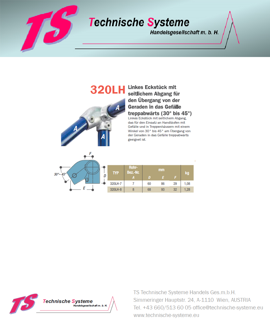 KK320LH-7 Kee Klamp Rohrverbinder Typ 320LH Größe 7 Handlauf links Ecke 30°-45° ID 42.4mm