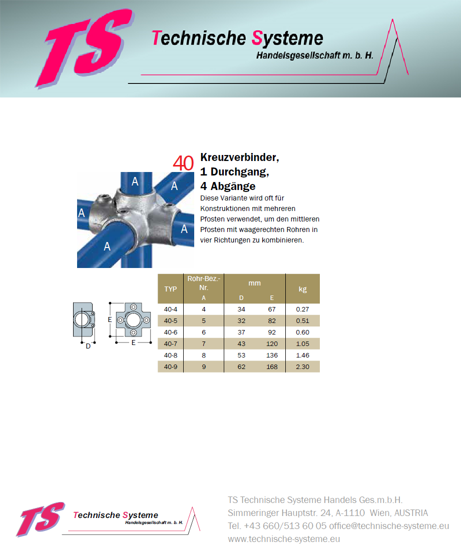KK40-9 Kee Klamp Rohrverbinder Typ 40 Größe 9 4er Kreuz verzinkt ID 60.3mm