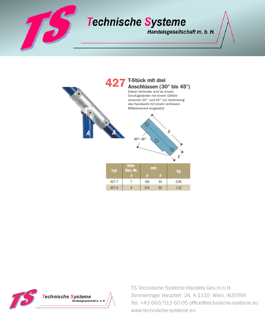 KK427-8 Kee Klamp Rohrverbinder Typ 427 Größe 8 T-Verbinder. 30°-45° verz. ID 48.3 mm