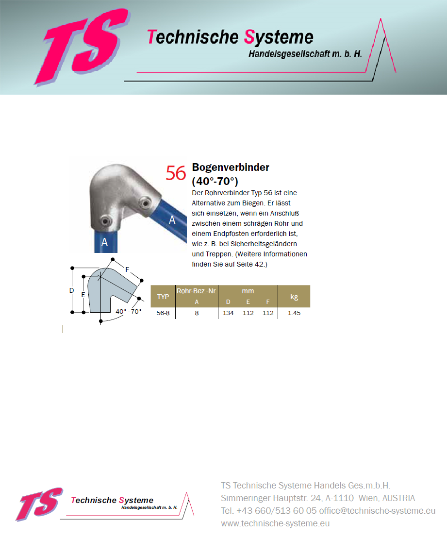 KK56-8 Kee Klamp Rohrverbinder Typ 56 Größe 8 Bogen 40°-70° verzinkt ID 48.3mm
