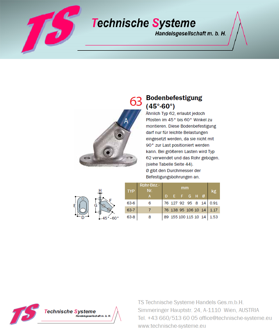 KK63-8 Kee Klamp Rohrverbinder Typ 63 Größe 8 Bodenflansch 45°-60° verz. ID 48.3mm