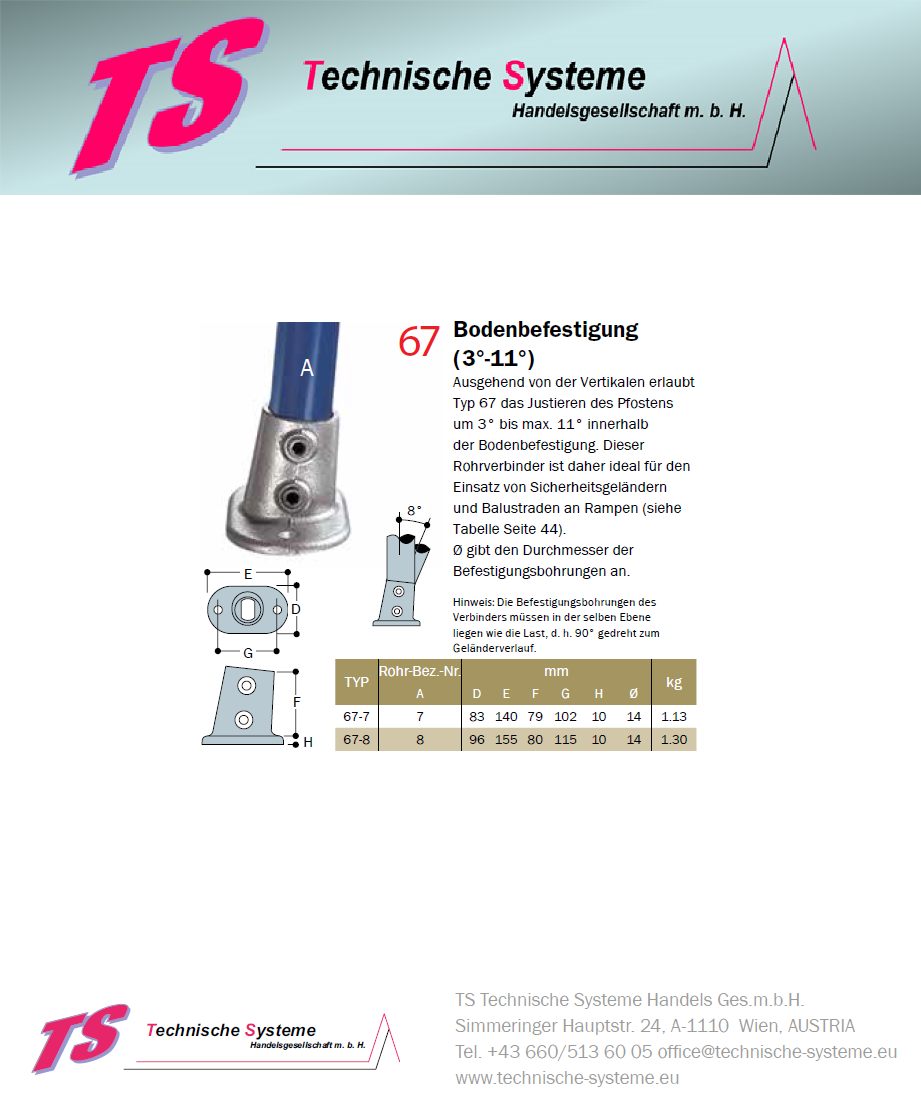 KK67-8 Kee Klamp Rohrverbinder Typ 67 Größe 8 Bodenflansch 3°-11° verz.ID 48.3mm