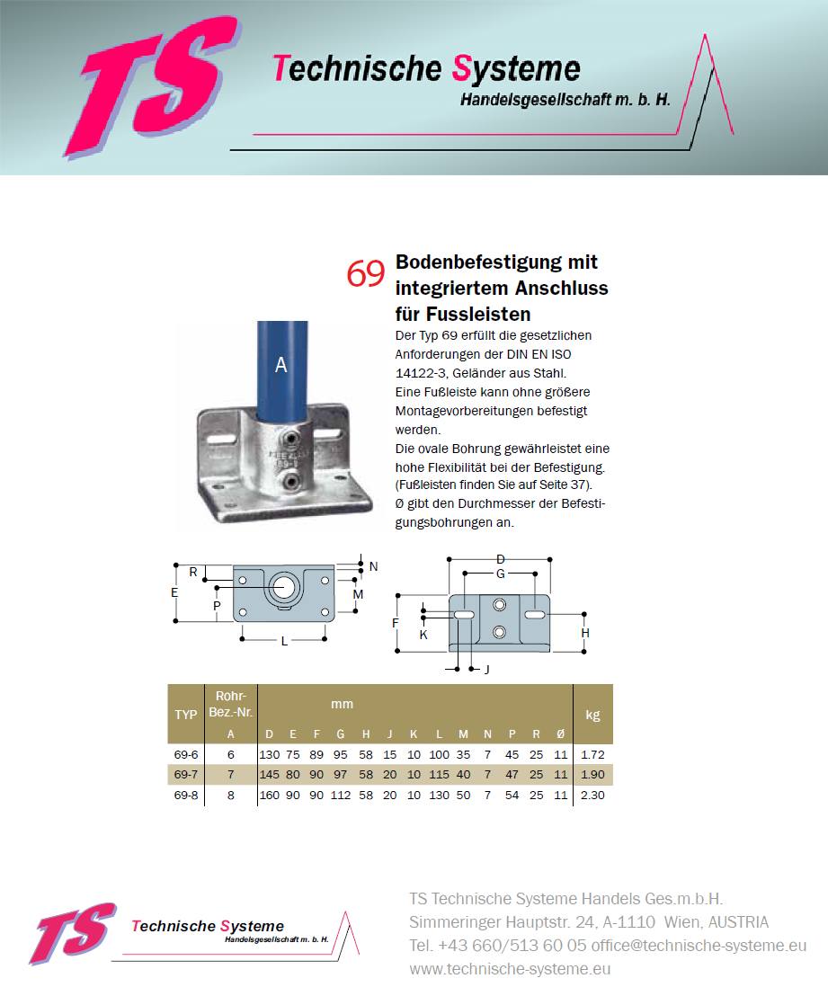 KK69-7 Kee Klamp Rohrverbinder Typ 69 Größe 7 Bodenflansch +Fußleiste verzinkt ID 42.4mm