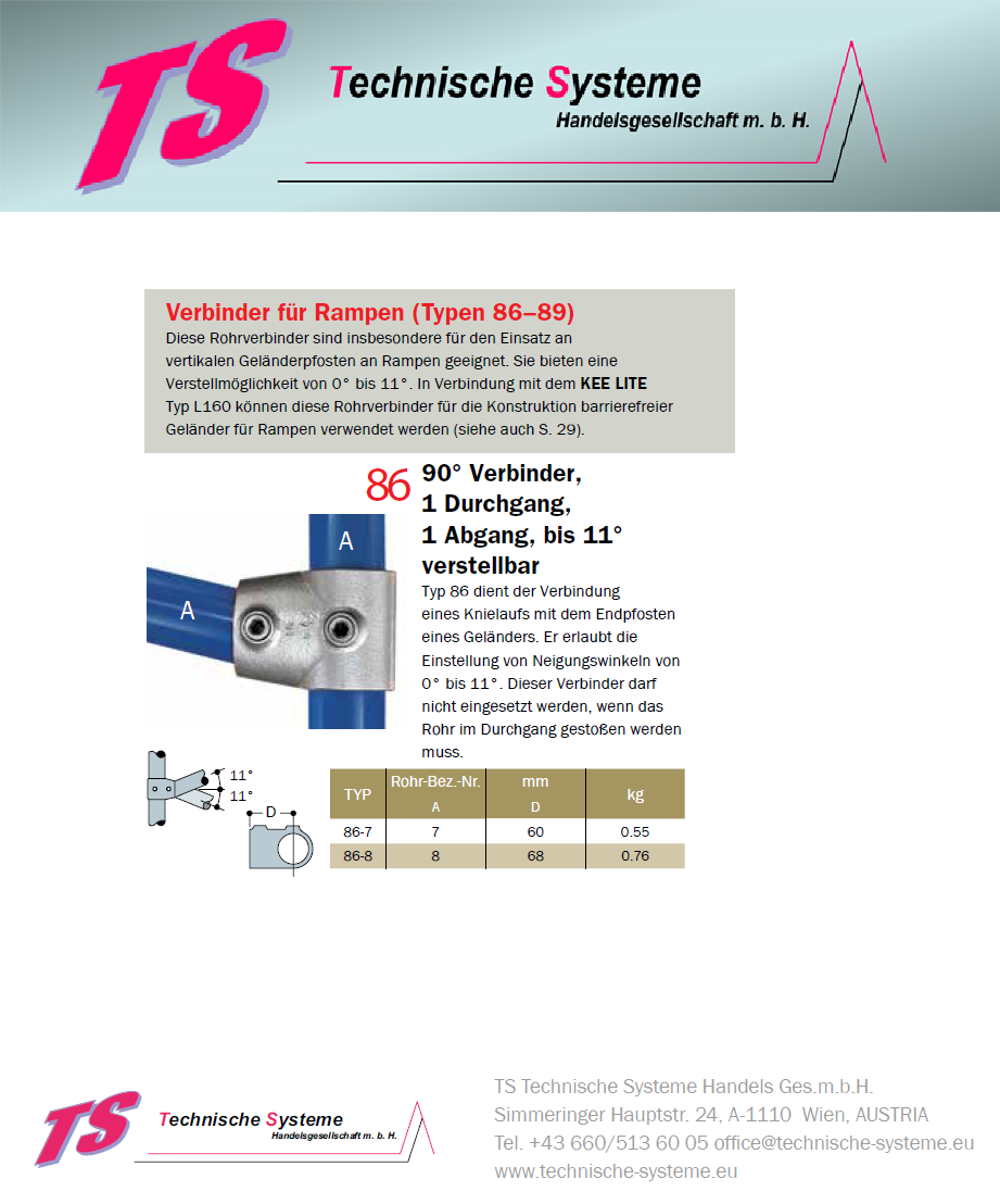 KK86-7 Kee Klamp Rohrverbinder Typ 86 Größe 7 T-Verbinder bis 11° verzinkt ID 42.4mm